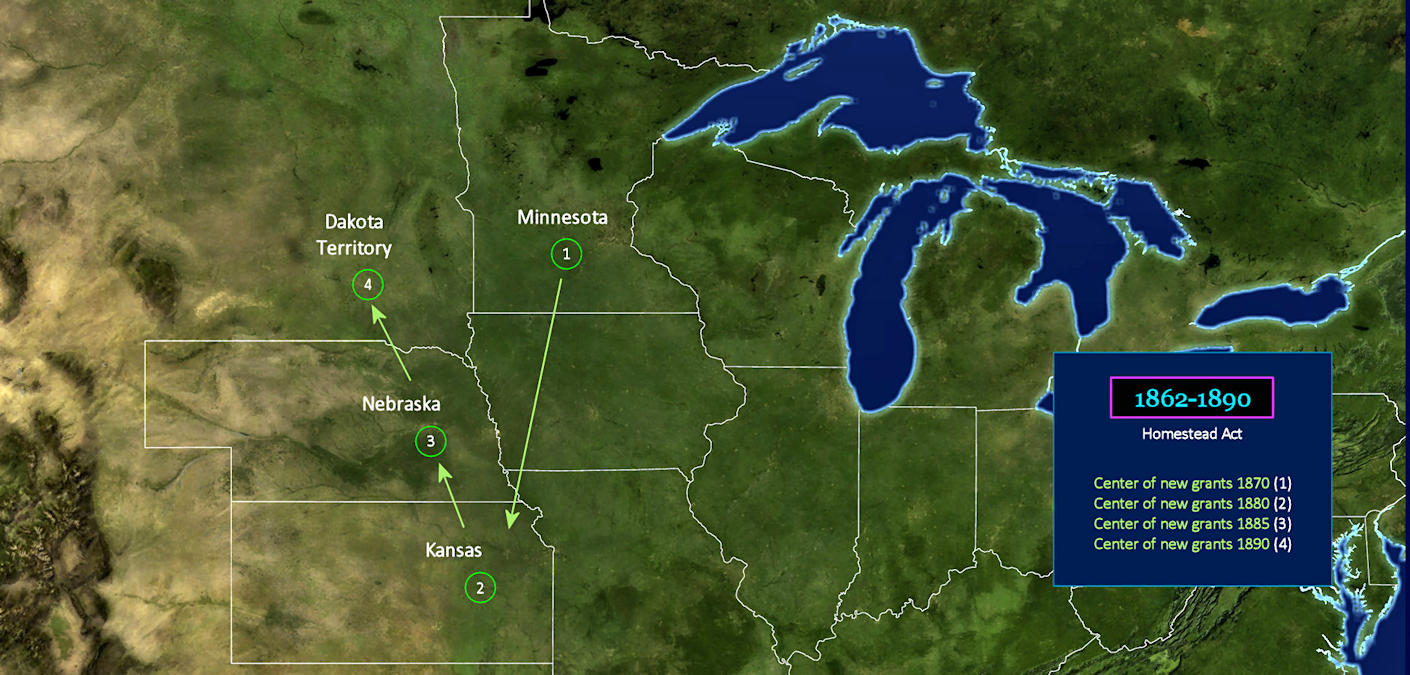 Homestead Act, settlements to 1890 map